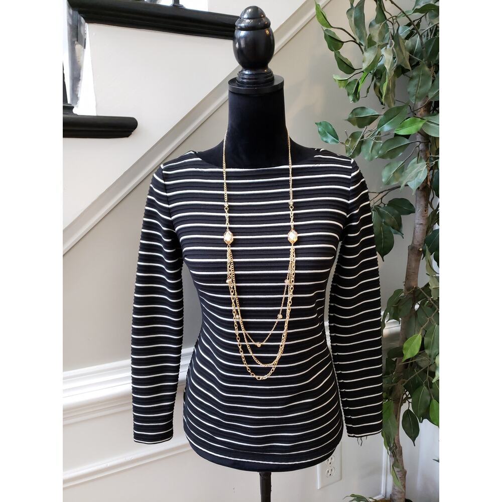 Women's Talbots Petite Small Black White Stripe Top Back Zip Stretch Long Sleeve